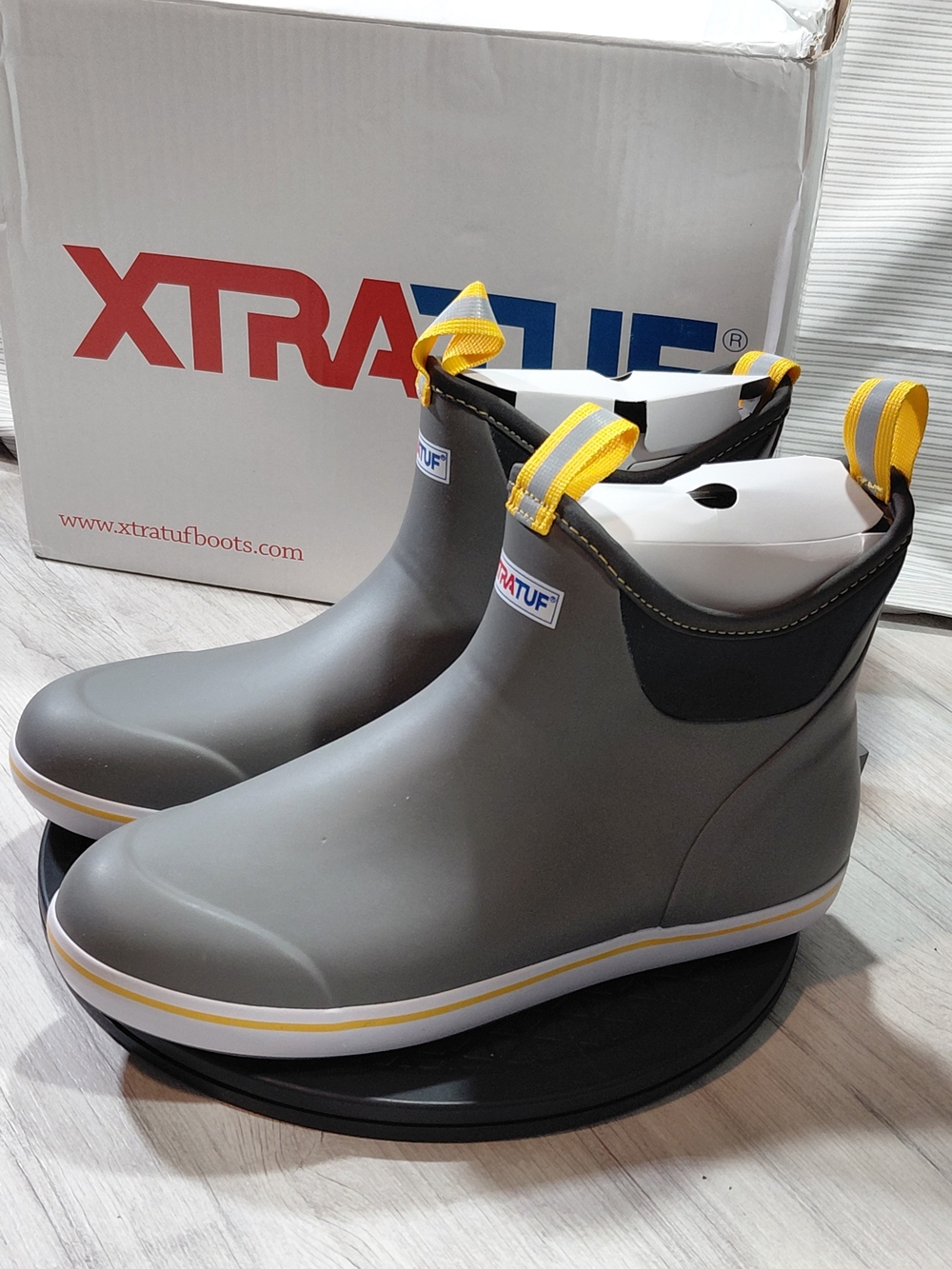 NEW XTRATUF Mens 100% Waterproof Gray & Yellow Ankle Deck Rain Boots SIZE 12